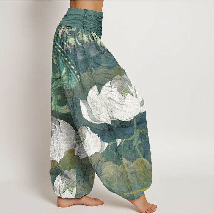 Buddha Stones, weiße Lotusblätter-Muster, lässige Haremshose für Damen mit elastischer Taille - image 3