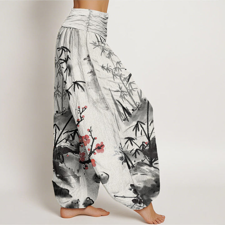 Haremshose mit elastischer Taille und Buddha Stones, Pflaumenblüten, Bambus, Orchideen, Chrysanthemen-Muster für Damen