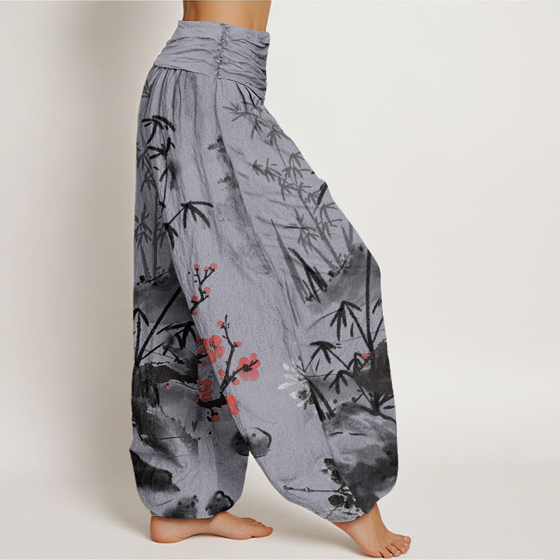 Haremshose mit elastischer Taille und Buddha Stones, Pflaumenblüten, Bambus, Orchideen, Chrysanthemen-Muster für Damen