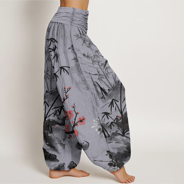 Haremshose mit elastischer Taille und Buddha Stones, Pflaumenblüten, Bambus, Orchideen, Chrysanthemen-Muster für Damen