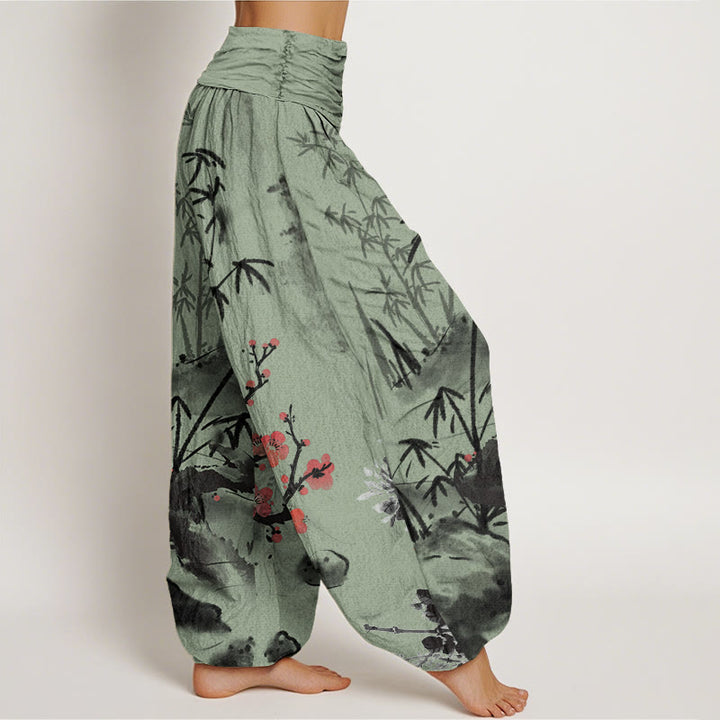 Haremshose mit elastischer Taille und Buddha Stones, Pflaumenblüten, Bambus, Orchideen, Chrysanthemen-Muster für Damen
