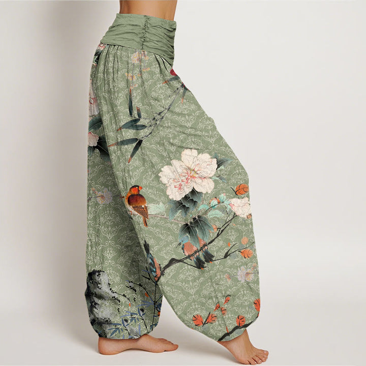 Haremshose mit elastischer Taille für Damen mit Buddha Stones, Waldsänger, Vogel, blühenden Blumenzweigen und Mandala-Muster