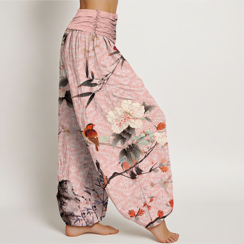 Haremshose mit elastischer Taille für Damen mit Buddha Stones, Waldsänger, Vogel, blühenden Blumenzweigen und Mandala-Muster - image 9