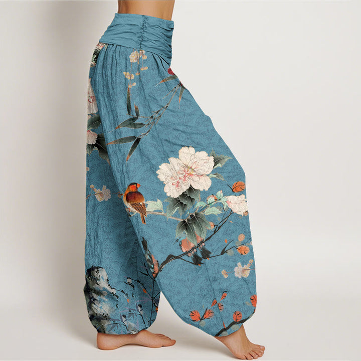 Haremshose mit elastischer Taille für Damen mit Buddha Stones, Waldsänger, Vogel, blühenden Blumenzweigen und Mandala-Muster - image 6