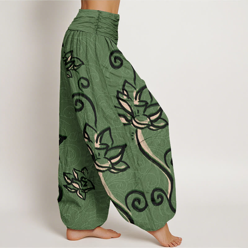 Lässige Haremshose mit Buddha Stones und Lotusblüte, glückverheißende Wolken, elastische Taille für Damen - image 3