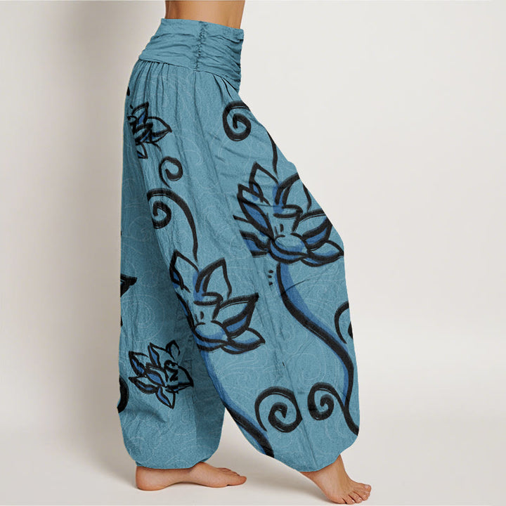 Lässige Haremshose mit Buddha Stones und Lotusblüte, glückverheißende Wolken, elastische Taille für Damen - image 7