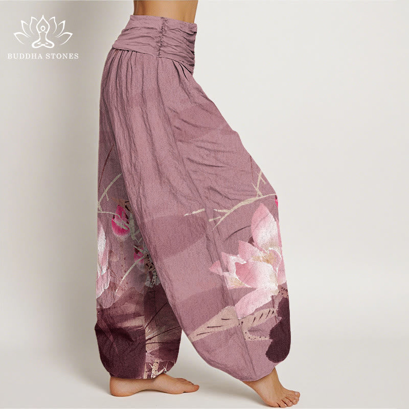 Haremshose mit elastischer Taille und Buddha Stones, rosa Lotusblätter, Vogelmuster für Damen - image 9