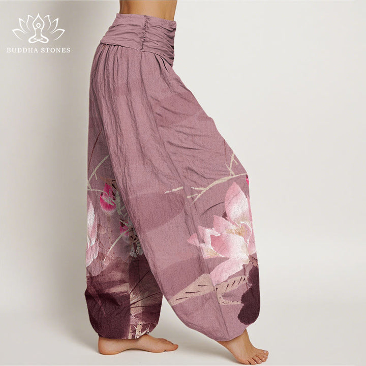Haremshose mit elastischer Taille und Buddha Stones, rosa Lotusblätter, Vogelmuster für Damen - image 9
