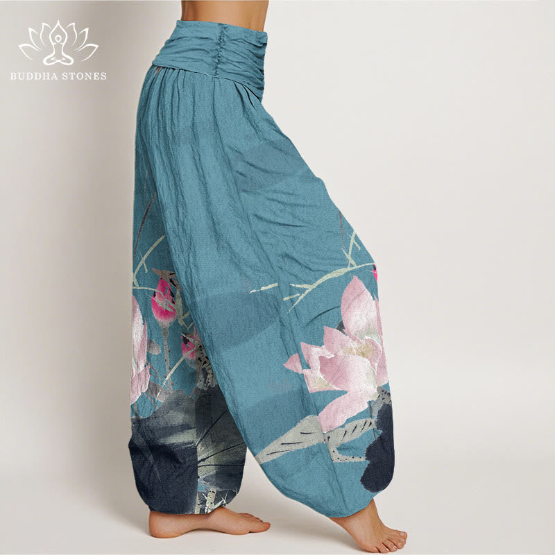 Haremshose mit elastischer Taille und Buddha Stones, rosa Lotusblätter, Vogelmuster für Damen - image 6