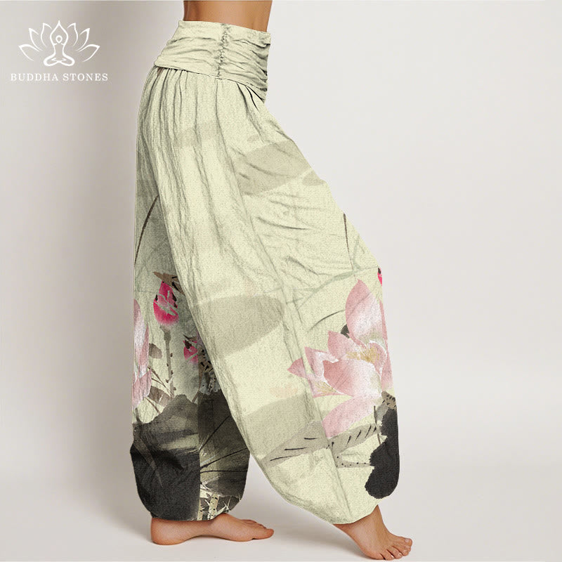 Haremshose mit elastischer Taille und Buddha Stones, rosa Lotusblätter, Vogelmuster für Damen - image 2