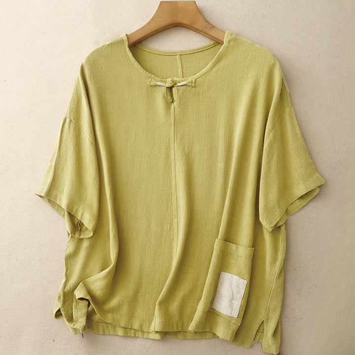 Buddha Stones Damenhemd aus Baumwollleinen mit seitlichem Schlitz und Froschknopf, Farbblockdesign und halblangen Ärmeln und Taschen - Khaki - US14， UK/AU18，EU46 (2XL) - image 9
