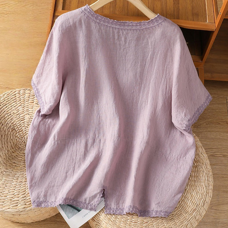 Buddha Stones Sommer Lässiges besticktes Pflanzen-T-Shirt für Damen mit V-Ausschnitt und halblangen Ärmeln aus Baumwolle und Leinen - image 2