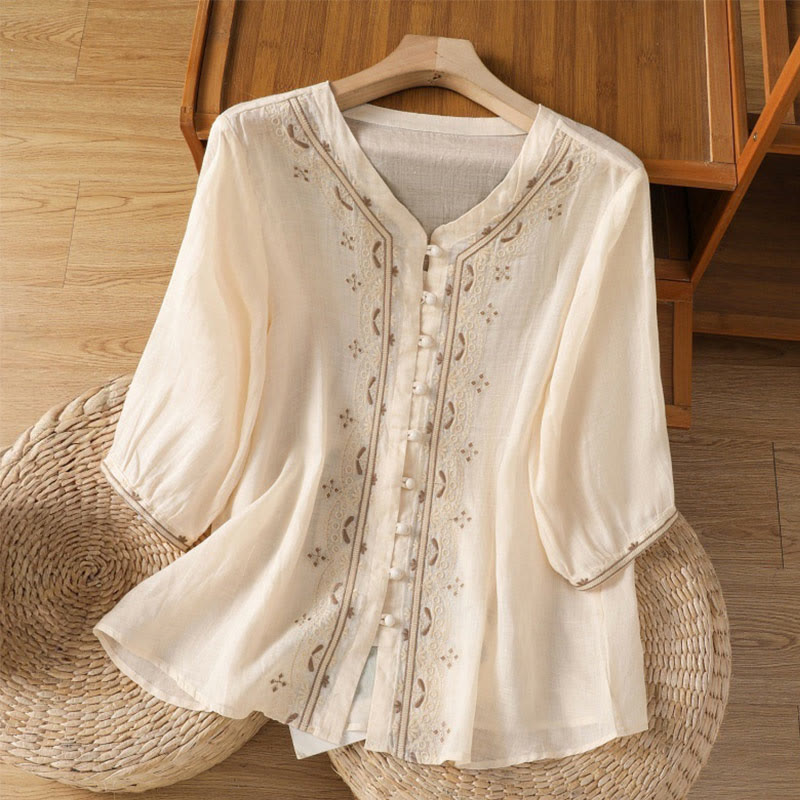 Buddha Stones Lässiges Damen-Shirt mit V-Ausschnitt und Stickereien aus Polyester mit halblangen Ärmeln und Frosch-Knopf - Beige - US12, UK/AU16, EU44 (2XL) - image 0