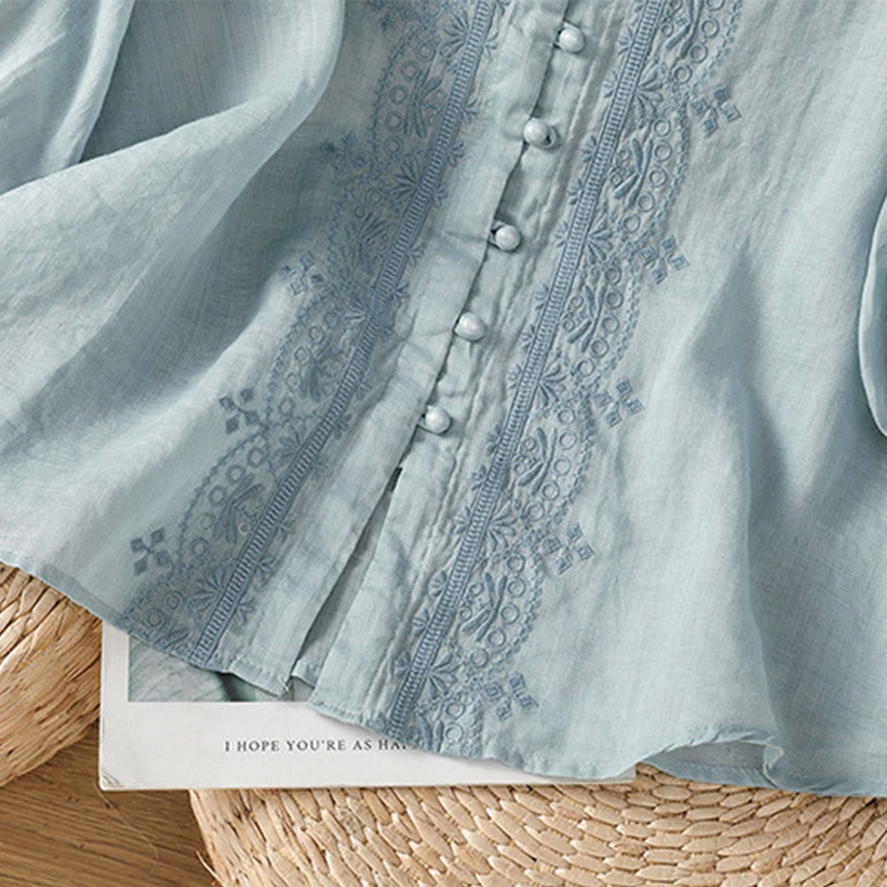 Buddha Stones Lässiges Damen-Shirt mit V-Ausschnitt und Stickereien aus Polyester mit halblangen Ärmeln und Frosch-Knopf - image 10