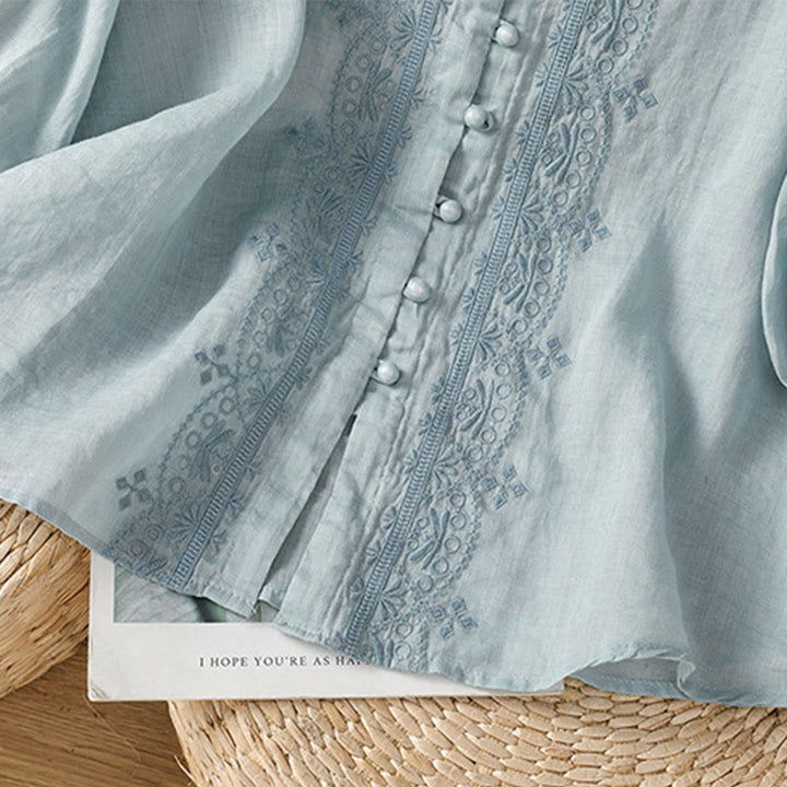 Buddha Stones Lässiges Damen-Shirt mit V-Ausschnitt und Stickereien aus Polyester mit halblangen Ärmeln und Frosch-Knopf - image 10