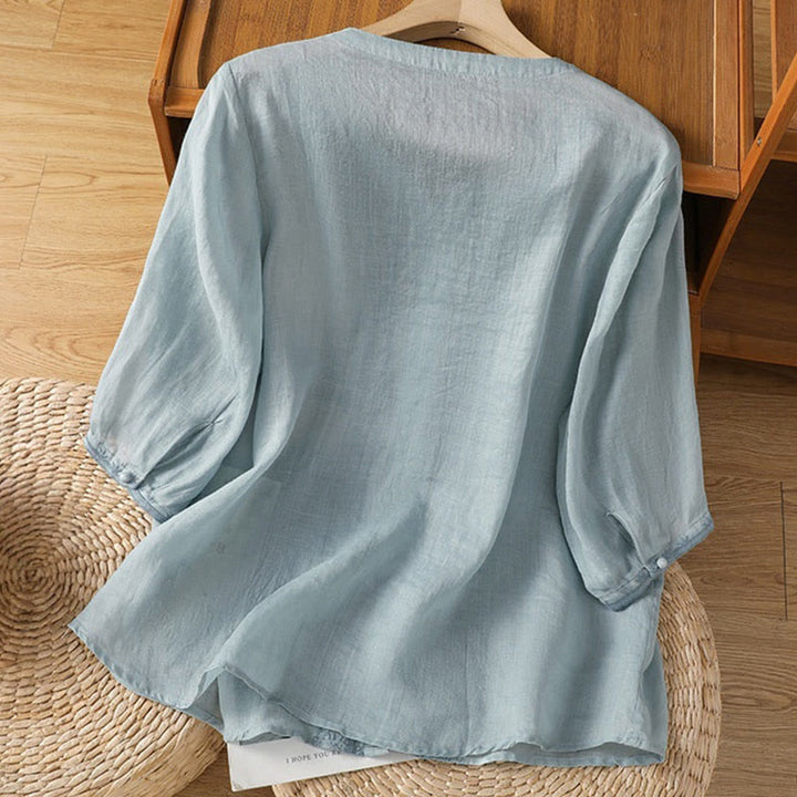 Buddha Stones Lässiges Damen-Shirt mit V-Ausschnitt und Stickereien aus Polyester mit halblangen Ärmeln und Frosch-Knopf - image 6