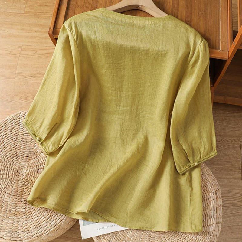 Buddha Stones Lässiges Damen-Shirt mit V-Ausschnitt und Stickereien aus Polyester mit halblangen Ärmeln und Frosch-Knopf - image 12