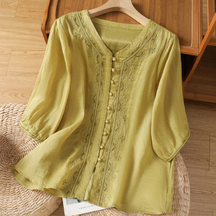 Buddha Stones Lässiges Damen-Shirt mit V-Ausschnitt und Stickereien aus Polyester mit halblangen Ärmeln und Frosch-Knopf - Dunkelkhaki - US12, UK/AU16, EU44 (2XL) - image 11