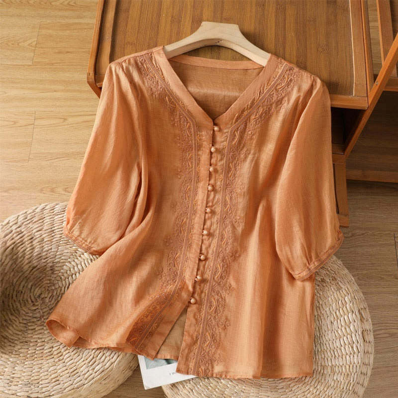 Buddha Stones Lässiges Damen-Shirt mit V-Ausschnitt und Stickereien aus Polyester mit halblangen Ärmeln und Frosch-Knopf - SandyBrown - US12, UK/AU16, EU44 (2XL) - image 18