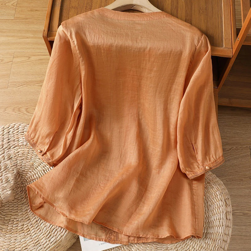 Buddha Stones Lässiges Damen-Shirt mit V-Ausschnitt und Stickereien aus Polyester mit halblangen Ärmeln und Frosch-Knopf - image 19