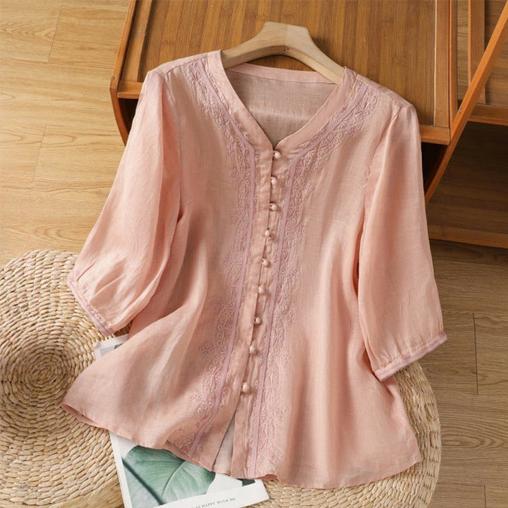 Buddha Stones Lässiges Damen-Shirt mit V-Ausschnitt und Stickereien aus Polyester mit halblangen Ärmeln und Frosch-Knopf - MistyRose - US12, UK/AU16,EU44 (2XL) - image 25