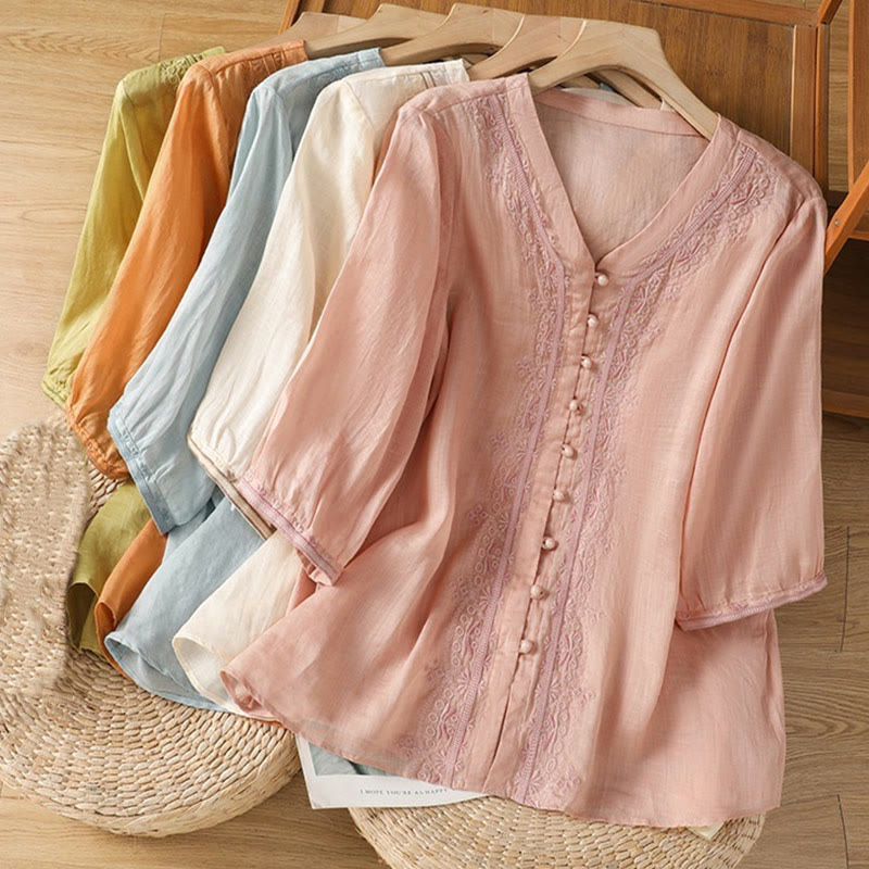 Buddha Stones Lässiges Damen-Shirt mit V-Ausschnitt und Stickereien aus Polyester mit halblangen Ärmeln und Frosch-Knopf - image 31
