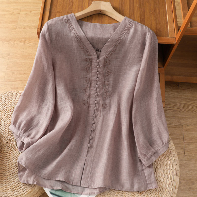 Lässiges Damenhemd mit Buddha Stones -Stickerei, einreihiger Knopfleiste, halben Ärmeln und V-Ausschnitt - Distel - US8-10, UK/AU12-14, EU40-42 (2XL) - image 10
