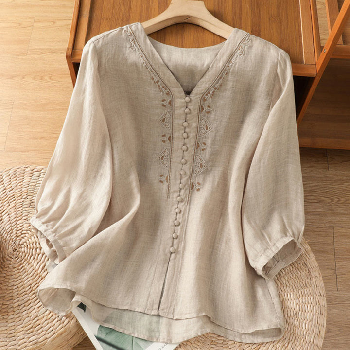 Buddha Stones Lässiges, einreihiges, geknöpftes Polyester-Halbarm-Damenhemd mit V-Ausschnitt - Beige - US8-10， UK/AU12-14，EU40-42 (2XL) - image 19