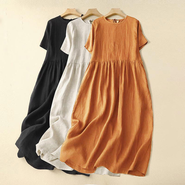 Buddha Stones Lässiges Kurzarm-Midikleid für Damen mit Schleife und Taschen - image 24