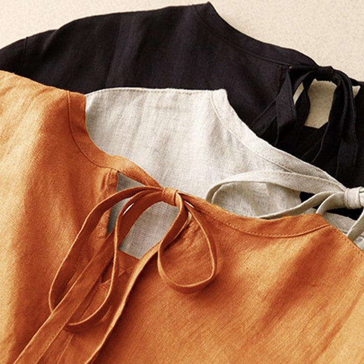 Buddha Stones Lässiges Damen-Midikleid mit kurzen Ärmeln, Schleife und Bindebändern und Taschen - image 26