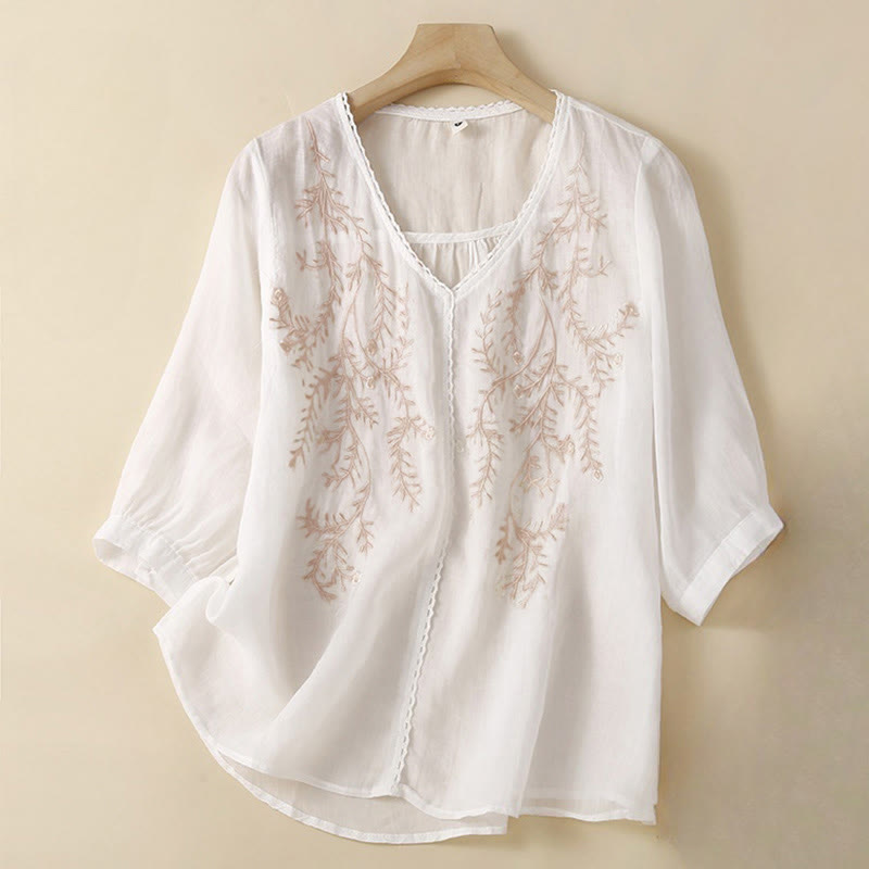 Buddha Stones ​​Sommer-Freizeit-T-Shirt mit Blumenzweig-Stickerei, V-Ausschnitt und halben Ärmeln für Damen - Weiß - US 8-10, UK/AU 12-14, EU 40-42 (2XL) - image 5