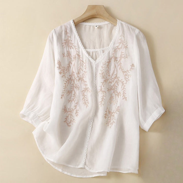 Buddha Stones ​​Sommer-Freizeit-T-Shirt mit Blumenzweig-Stickerei, V-Ausschnitt und halben Ärmeln für Damen - Weiß - US 8-10, UK/AU 12-14, EU 40-42 (2XL) - image 5