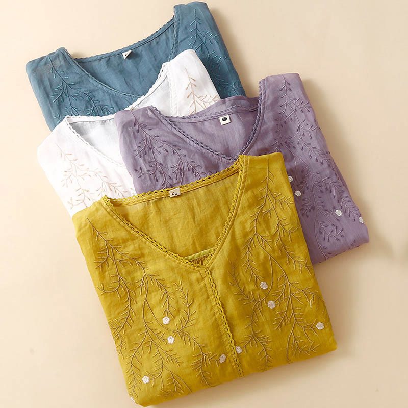 Buddha Stones Sommer Lässiges Blumenzweige Besticktes Muster V-Ausschnitt Halbarm Baumwollleinen Damen T-Shirt - image 9