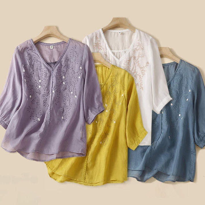 Buddha Stones Sommer Lässiges Blumenzweige Besticktes Muster V-Ausschnitt Halbarm Baumwollleinen Damen T-Shirt - image 8