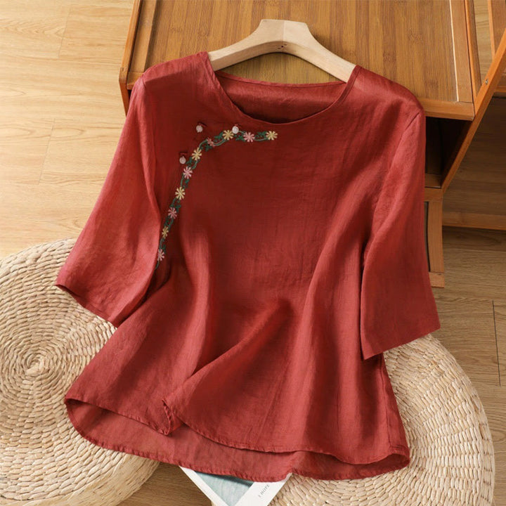 Buddha Stones Casual Stickerei Blumen Baumwolle Polyester Halbarm Damen Rundhalsshirt - Schamottsteine - US14, UK/AU18,EU46 (2XL) - image 1