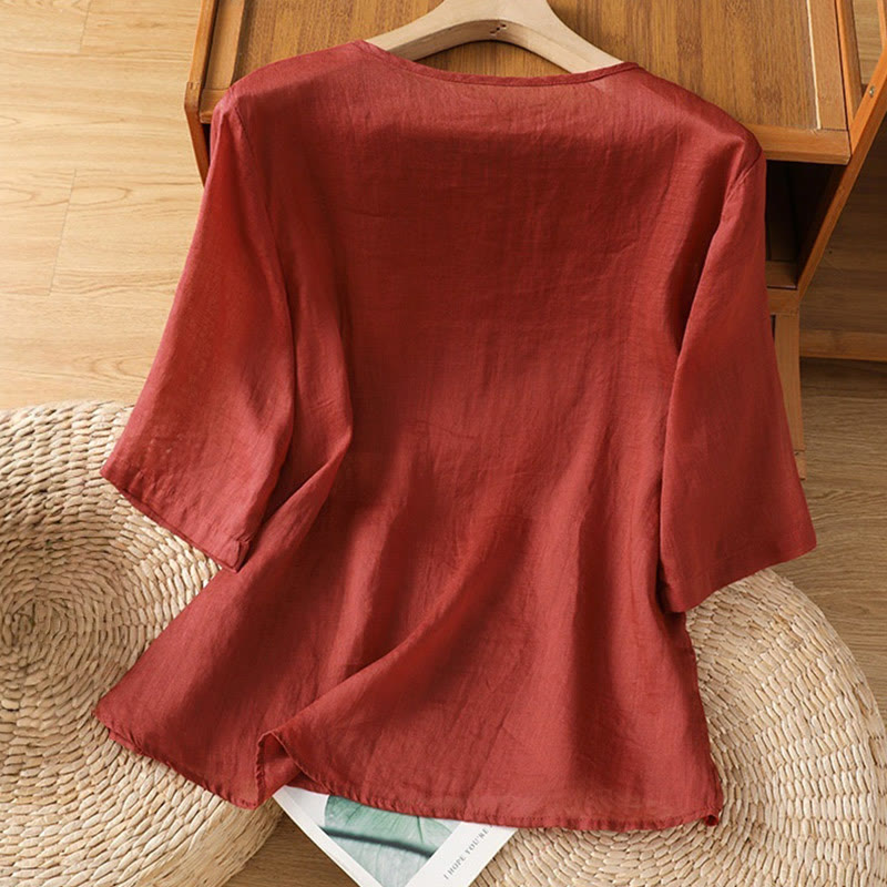 Buddha Stones Casual Stickerei Blumen Baumwolle Polyester Halbarm Damen Rundhalsshirt - image 2