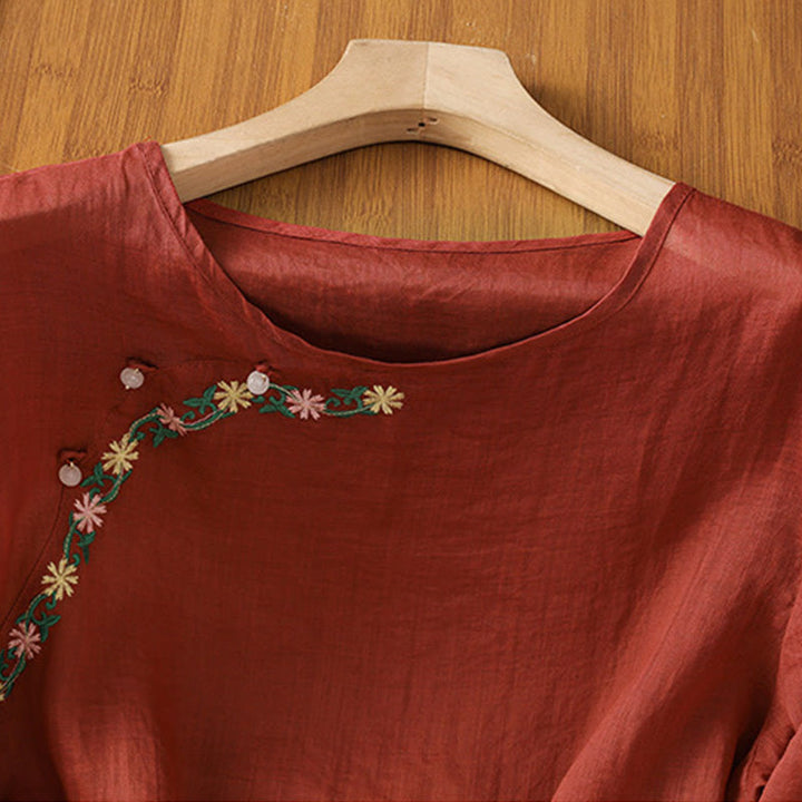 Buddha Stones Casual Stickerei Blumen Baumwolle Polyester Halbarm Damen Rundhalsshirt - image 3