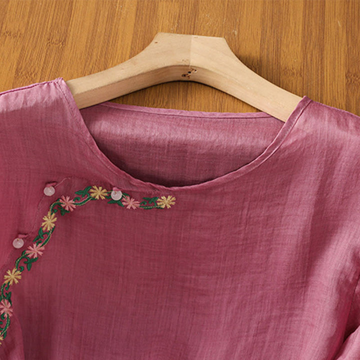 Buddha Stones Casual Stickerei Blumen Baumwolle Polyester Halbarm Damen Rundhalsshirt - image 15