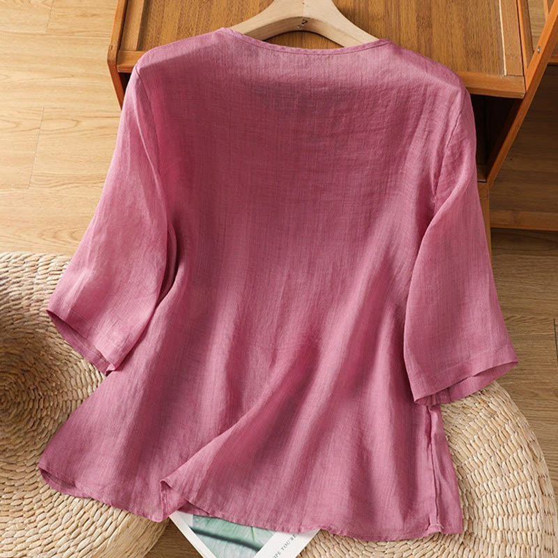 Buddha Stones Casual Stickerei Blumen Baumwolle Polyester Halbarm Damen Rundhalsshirt - image 9