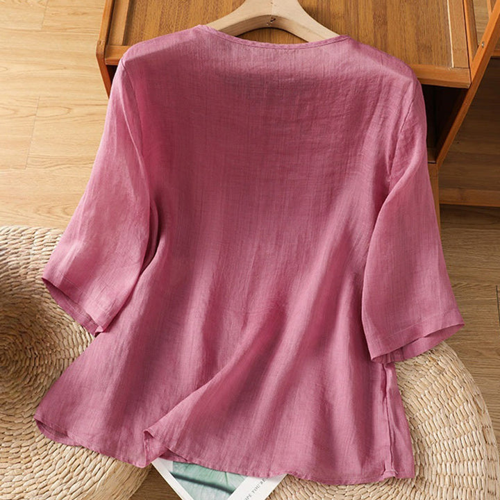 Buddha Stones Casual Stickerei Blumen Baumwolle Polyester Halbarm Damen Rundhalsshirt - image 9