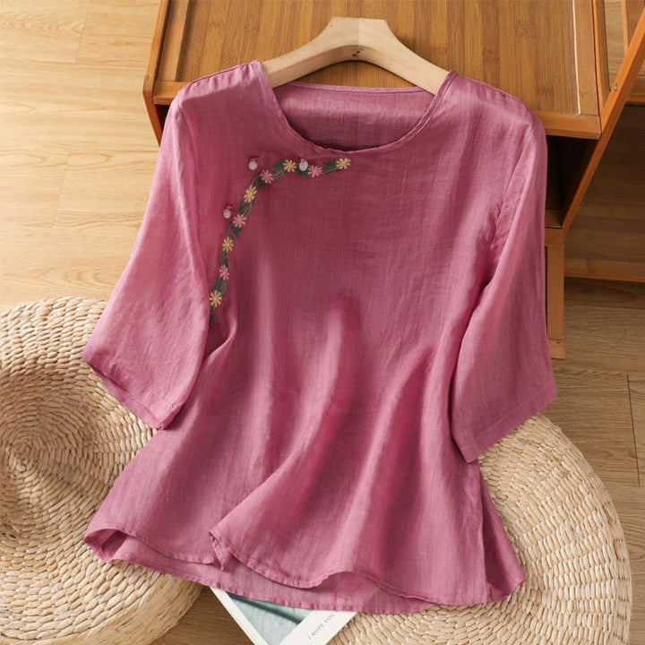 Buddha Stones Casual Stickerei Blumen Baumwolle Polyester Halbarm Damen Rundhalsshirt - BlassViolettRot - US14, UK/AU18,EU46 (2XL) - image 8