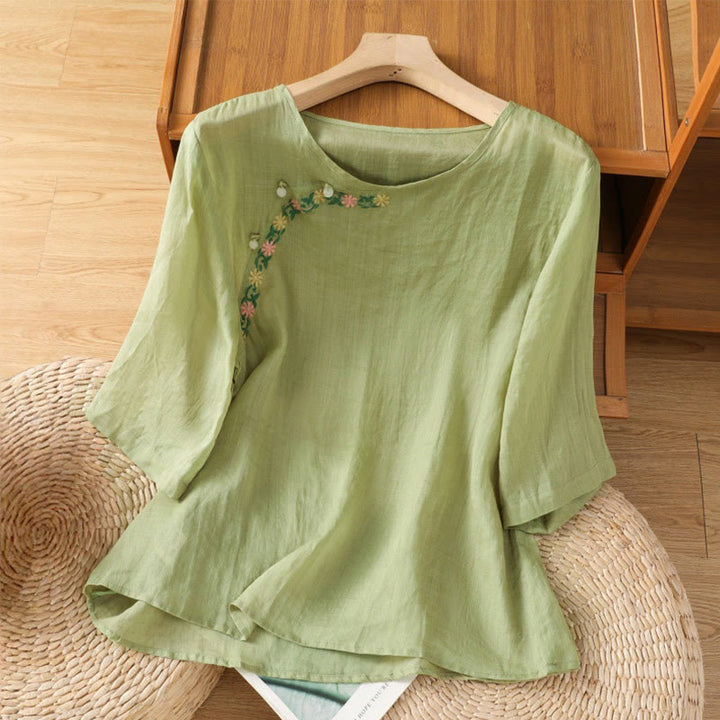 Buddha Stones Casual Stickerei Blumen Baumwolle Polyester Halbarm Damen Rundhalsshirt - Hellgrün - US14, UK/AU18,EU46 (2XL) - image 17