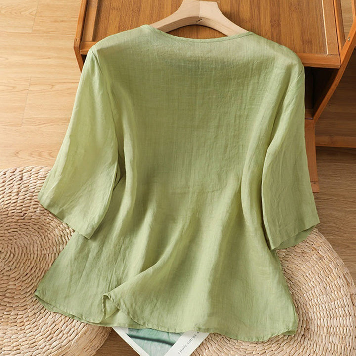 Buddha Stones Casual Stickerei Blumen Baumwolle Polyester Halbarm Damen Rundhalsshirt - image 17