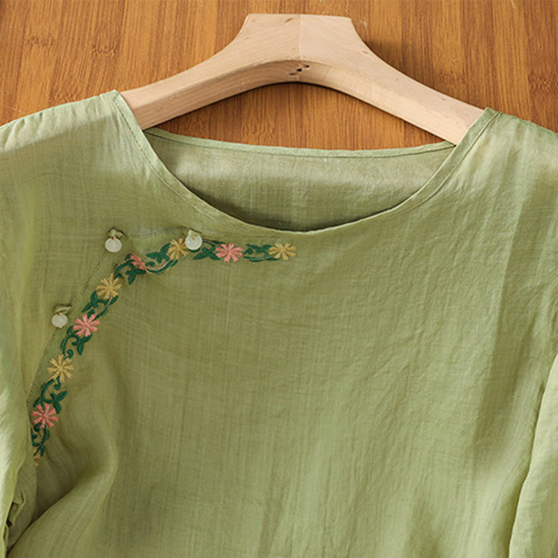 Buddha Stones Casual Stickerei Blumen Baumwolle Polyester Halbarm Damen Rundhalsshirt - image 22