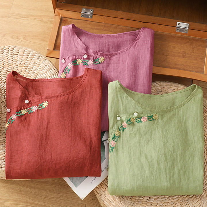 Buddha Stones Casual Stickerei Blumen Baumwolle Polyester Halbarm Damen Rundhalsshirt - image 24