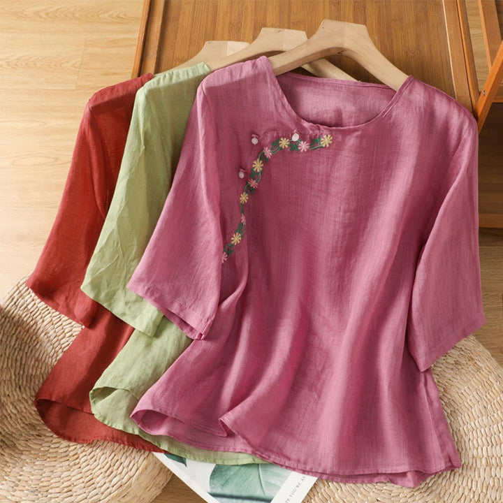 Buddha Stones Casual Stickerei Blumen Baumwolle Polyester Halbarm Damen Rundhalsshirt - image 23