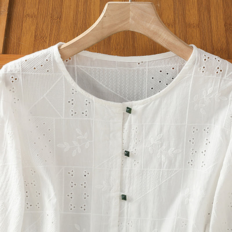 Buddha Stones Lässiges Damen-Shirt mit Rundhalsausschnitt und Stickerei aus hohler Baumwolle und Polyester mit halben Ärmeln - image 1