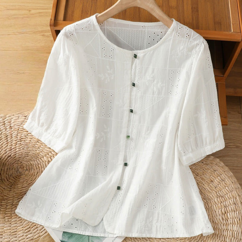 Buddha Stones Lässiges Damen-Shirt mit Rundhalsausschnitt und Stickerei aus hohler Baumwolle und Polyester mit halben Ärmeln - Weiß - US8-10, UK/AU12-14, EU40-42 (2XL) - image 1
