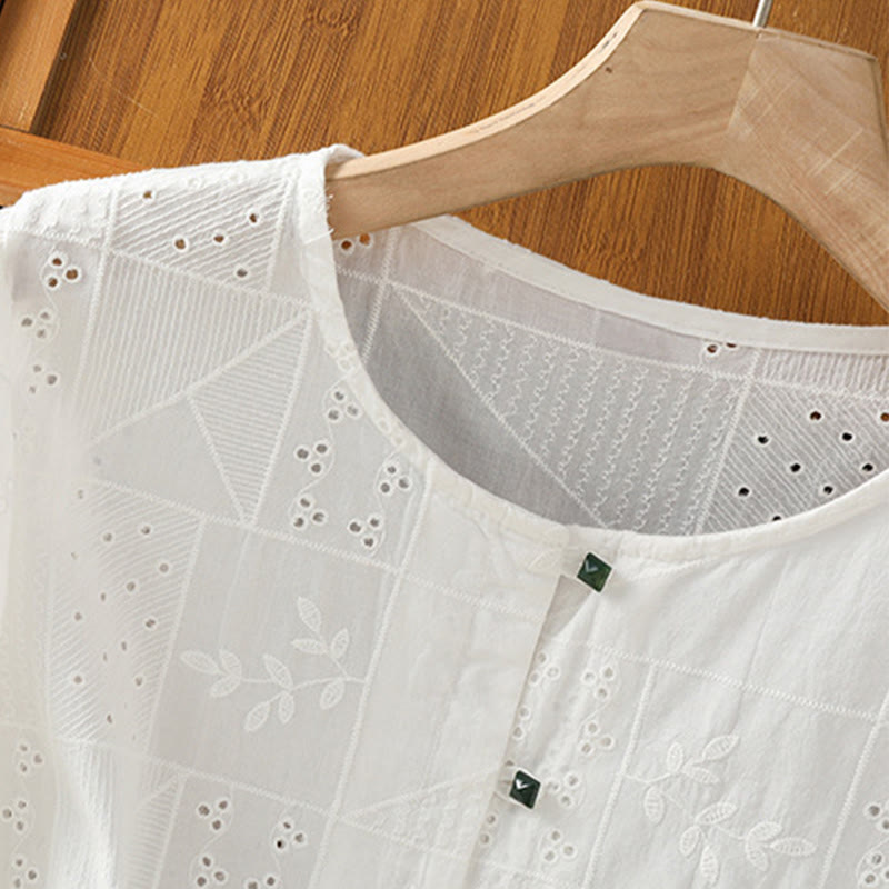 Buddha Stones Lässiges Damen-Shirt mit Rundhalsausschnitt und Stickerei aus hohler Baumwolle und Polyester mit halben Ärmeln - image 3