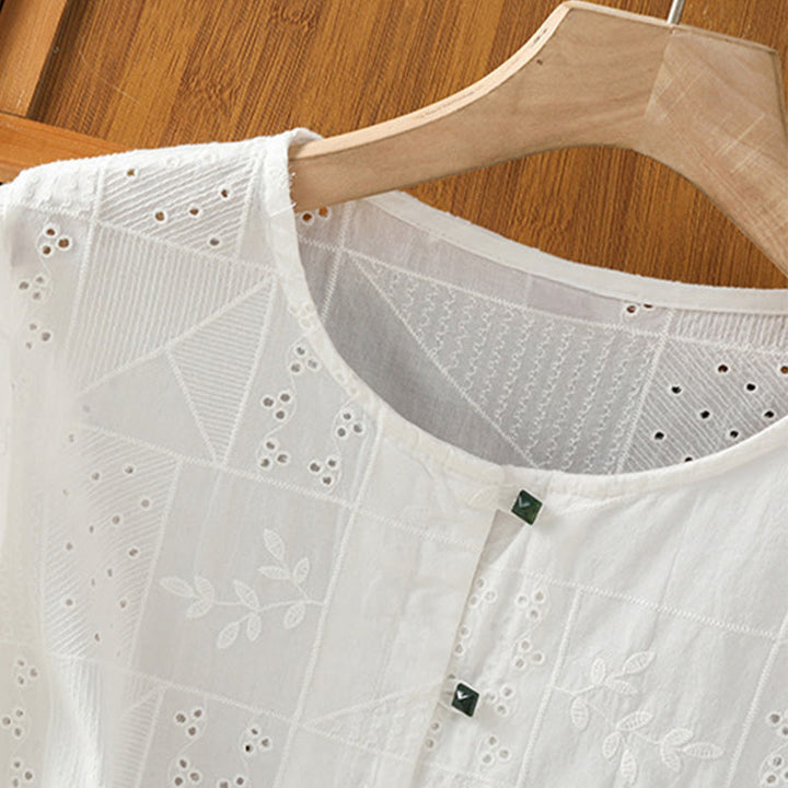 Buddha Stones Lässiges Damen-Shirt mit Rundhalsausschnitt und Stickerei aus hohler Baumwolle und Polyester mit halben Ärmeln - image 3